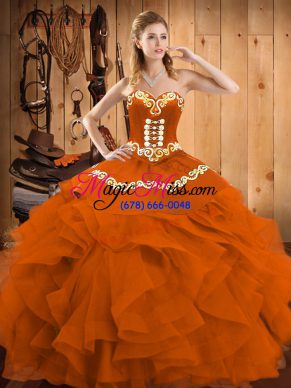 Beauteous Rust Red Sweetheart Neckline Embroidery and Ruffles Quince Ball Gowns Sleeveless Lace Up