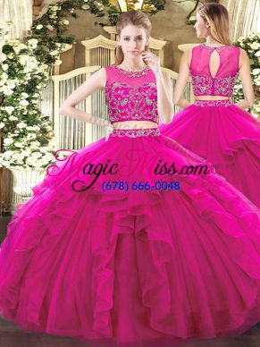 Dazzling Tulle Scoop Sleeveless Zipper Beading and Ruffles Sweet 16 Dress in Fuchsia