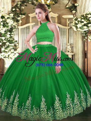 Halter Top Sleeveless Quinceanera Gown Floor Length Beading and Appliques Green Tulle