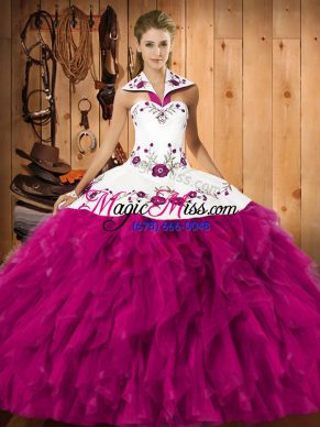 Sophisticated Ball Gowns Quince Ball Gowns Fuchsia Halter Top Satin and Organza Sleeveless Floor Length Lace Up