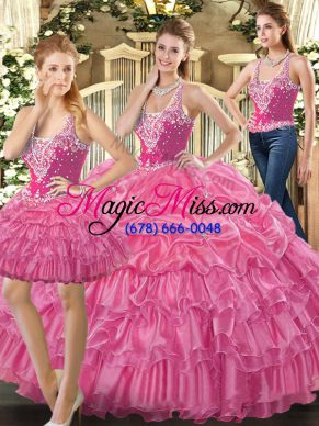 Hot Pink Straps Lace Up Beading and Ruffles and Pick Ups Quince Ball Gowns Sleeveless