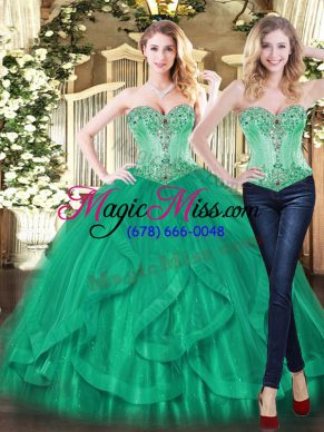 Turquoise Ball Gowns Beading and Ruffles Vestidos de Quinceanera Lace Up Tulle Sleeveless Floor Length