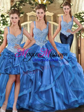 Best Selling Straps Sleeveless Lace Up Sweet 16 Quinceanera Dress Blue Tulle