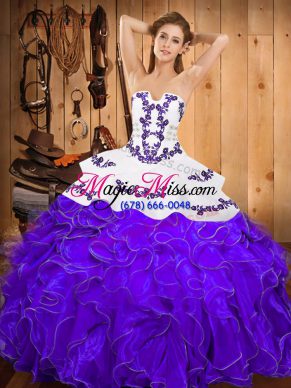 Admirable Floor Length Lace Up Quinceanera Gowns White And Purple for Military Ball and Sweet 16 and Quinceanera with Embroidery and Ruffles