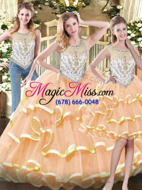 Dazzling Floor Length Three Pieces Sleeveless Peach Ball Gown Prom Dress Zipper