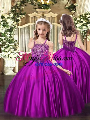 Satin Straps Sleeveless Lace Up Beading Little Girls Pageant Dress in Fuchsia