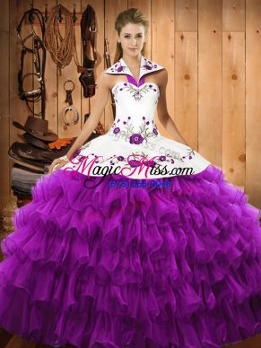 Sleeveless Lace Up Floor Length Embroidery and Ruffled Layers 15 Quinceanera Dress