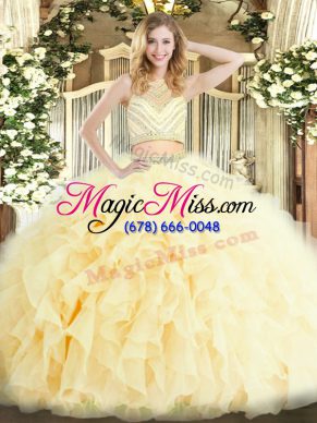 Graceful Tulle Scoop Sleeveless Zipper Beading and Ruffles Quinceanera Dress in Light Yellow