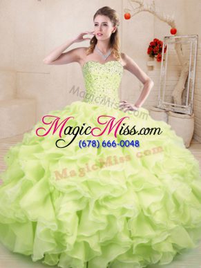 Floor Length Yellow Green Sweet 16 Quinceanera Dress Organza Sleeveless Beading and Ruffles