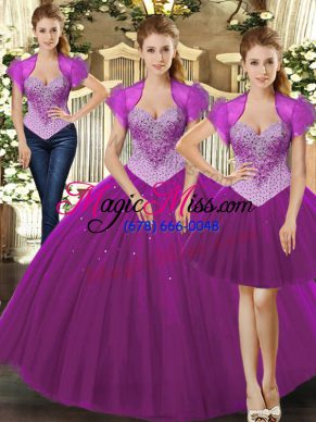 Low Price Fuchsia Tulle Lace Up Straps Sleeveless Floor Length Vestidos de Quinceanera Beading