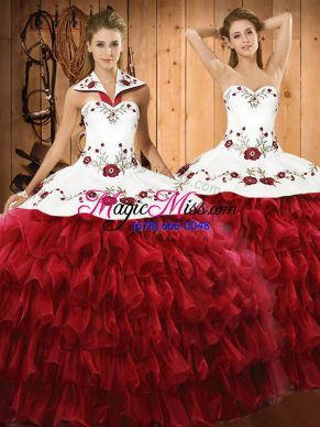 Customized Wine Red Organza Lace Up Quinceanera Gowns Sleeveless Floor Length Embroidery and Ruffled Layers