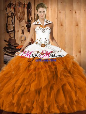 Halter Top Sleeveless 15th Birthday Dress Floor Length Embroidery and Ruffles Orange Red Satin and Organza