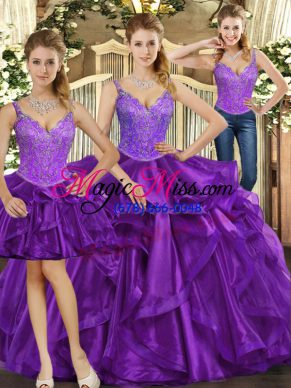 Sleeveless Beading and Ruffles Lace Up Quince Ball Gowns