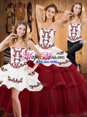 Burgundy Ball Gowns Embroidery and Ruffled Layers Quinceanera Dress Lace Up Tulle Sleeveless