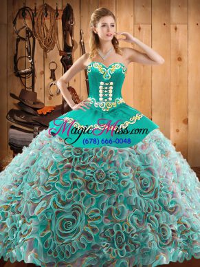 Fantastic Floor Length Multi-color Quinceanera Dress Satin and Fabric With Rolling Flowers Sleeveless Embroidery