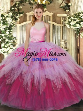 Ball Gowns Sweet 16 Quinceanera Dress Multi-color High-neck Tulle Sleeveless Floor Length Backless