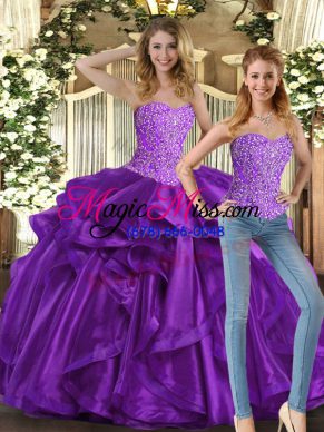 Hot Selling Sweetheart Sleeveless Sweet 16 Dress Floor Length Beading and Ruffles Eggplant Purple Tulle