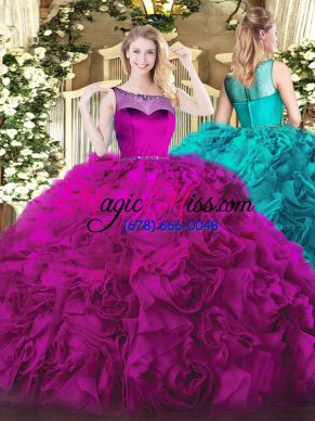 Attractive Fuchsia Sleeveless Beading Zipper Ball Gown Prom Dress