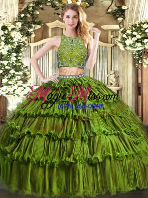 Shining Floor Length Two Pieces Sleeveless Olive Green Sweet 16 Dress Zipper