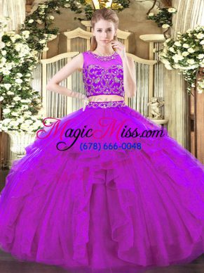 Purple Two Pieces Beading and Ruffles 15th Birthday Dress Zipper Tulle Sleeveless Floor Length