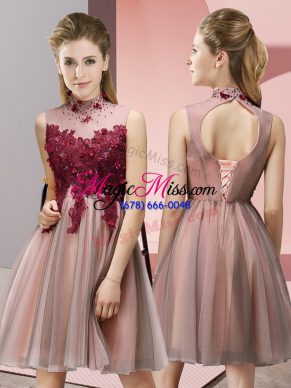 Custom Fit Knee Length Empire Sleeveless Peach Quinceanera Court of Honor Dress Lace Up