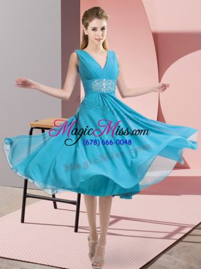 Hot Selling Aqua Blue V-neck Neckline Beading Court Dresses for Sweet 16 Sleeveless Side Zipper