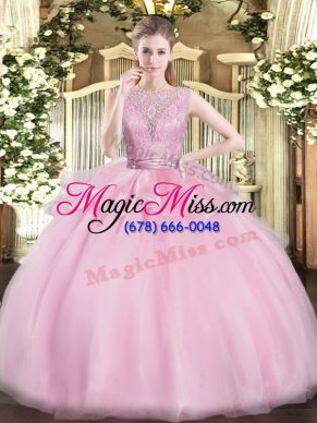 High Quality Baby Pink Backless Scoop Lace Sweet 16 Dress Organza Sleeveless