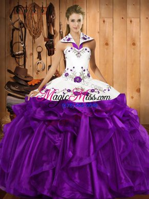 Sexy Sleeveless Floor Length Embroidery and Ruffles Lace Up Quinceanera Dress with Purple