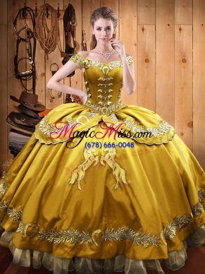 Satin and Organza Off The Shoulder Sleeveless Lace Up Beading and Embroidery Quinceanera Dress in Gold