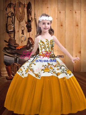 Gold Straps Lace Up Embroidery Girls Pageant Dresses Sleeveless