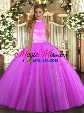 Rose Pink and Lilac Ball Gowns Beading Quince Ball Gowns Backless Tulle Sleeveless Floor Length