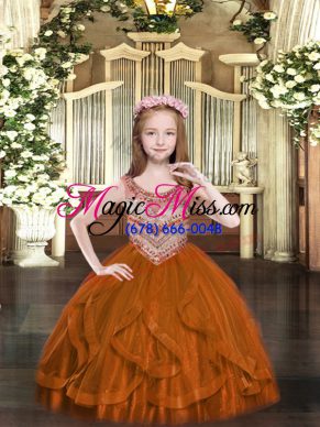 Cheap Rust Red Tulle Lace Up Kids Formal Wear Sleeveless Floor Length Beading and Ruffles