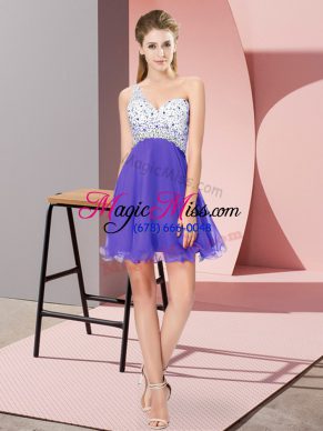 Adorable Lavender Empire Beading Prom Party Dress Criss Cross Chiffon Sleeveless Mini Length