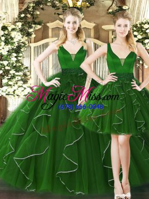 Floor Length Dark Green Quinceanera Gown Straps Sleeveless Lace Up