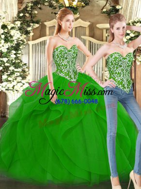 Floor Length Lace Up Quinceanera Gowns Green for Military Ball and Sweet 16 and Quinceanera with Beading and Ruffles