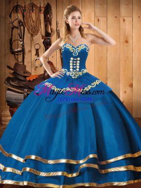 Blue Organza Lace Up Quinceanera Gowns Sleeveless Floor Length Embroidery