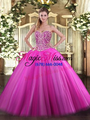 Fuchsia Ball Gowns Beading Quinceanera Dresses Lace Up Tulle Sleeveless Floor Length