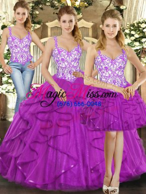 Sumptuous Sleeveless Floor Length Beading and Ruffles Lace Up Sweet 16 Quinceanera Dress with Fuchsia