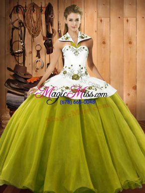 Amazing Olive Green Lace Up Halter Top Embroidery Sweet 16 Dresses Satin and Tulle Sleeveless