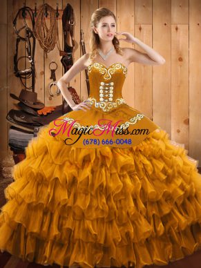 Gold Sleeveless Embroidery and Ruffled Layers Floor Length Sweet 16 Dress