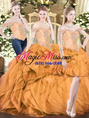 Custom Made Sleeveless Floor Length Beading and Ruffles Lace Up Sweet 16 Quinceanera Dress with Orange Red