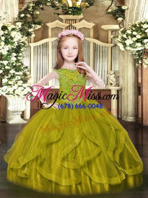 Olive Green Ball Gowns Beading and Ruffles Kids Formal Wear Zipper Tulle Sleeveless Floor Length