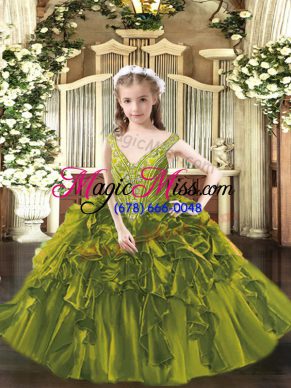 Most Popular Olive Green Organza Lace Up V-neck Sleeveless Floor Length Pageant Gowns For Girls Beading and Ruffles