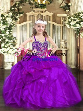 Adorable Purple Sleeveless Organza Lace Up Little Girl Pageant Dress for Party and Quinceanera