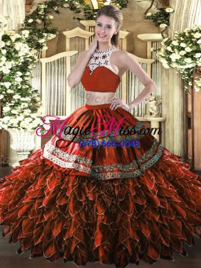 Attractive Rust Red Vestidos de Quinceanera Military Ball and Sweet 16 and Quinceanera with Beading and Ruffles High-neck Sleeveless Backless