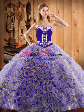 Sweetheart Sleeveless Satin and Fabric With Rolling Flowers Ball Gown Prom Dress Embroidery Sweep Train Lace Up