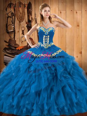 Exceptional Satin and Organza Sweetheart Sleeveless Lace Up Embroidery and Ruffles Sweet 16 Quinceanera Dress in Blue