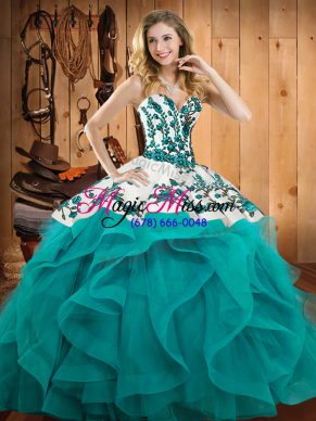 Pretty Teal Sleeveless Satin and Organza Lace Up Quinceanera Gowns for Military Ball and Sweet 16 and Quinceanera