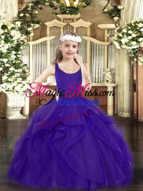 Sleeveless Floor Length Beading and Ruffles Zipper Pageant Gowns For Girls with Purple