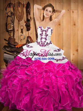 Floor Length Fuchsia Quinceanera Gown Satin and Organza Sleeveless Embroidery and Ruffles